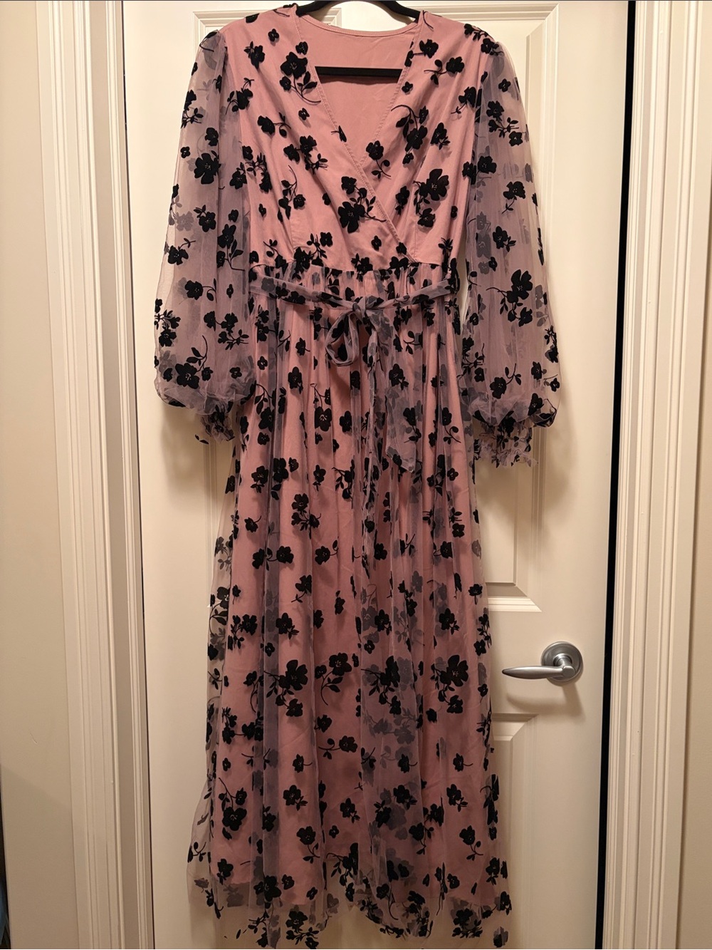 Chicwish Pink Mesh Overlay Maxi Dress with Black Floral AppliquΓ©